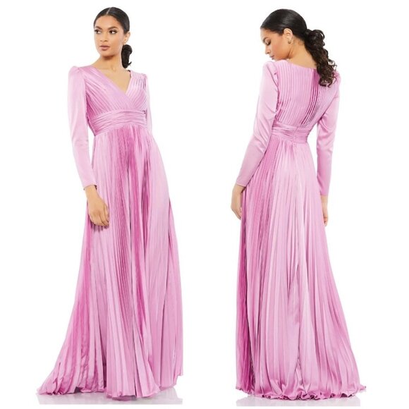 MAC DUGGAL Long Sleeve Pleated Chiffon A-Line Gown in Lilac Size US 12 - Picture 1 of 8